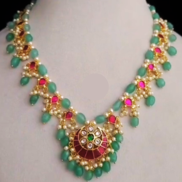 Traditional Kundan Necklace Set with Green Beads | Pink Stone Ethnic Choker Necklace for Women