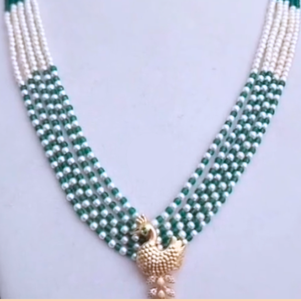 Green & White Pearl Layered Necklace for Women | Traditional Beaded Haram with Gold Pendant
