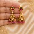 Gold Plated Pink Stone Jhumka Earrings for Women