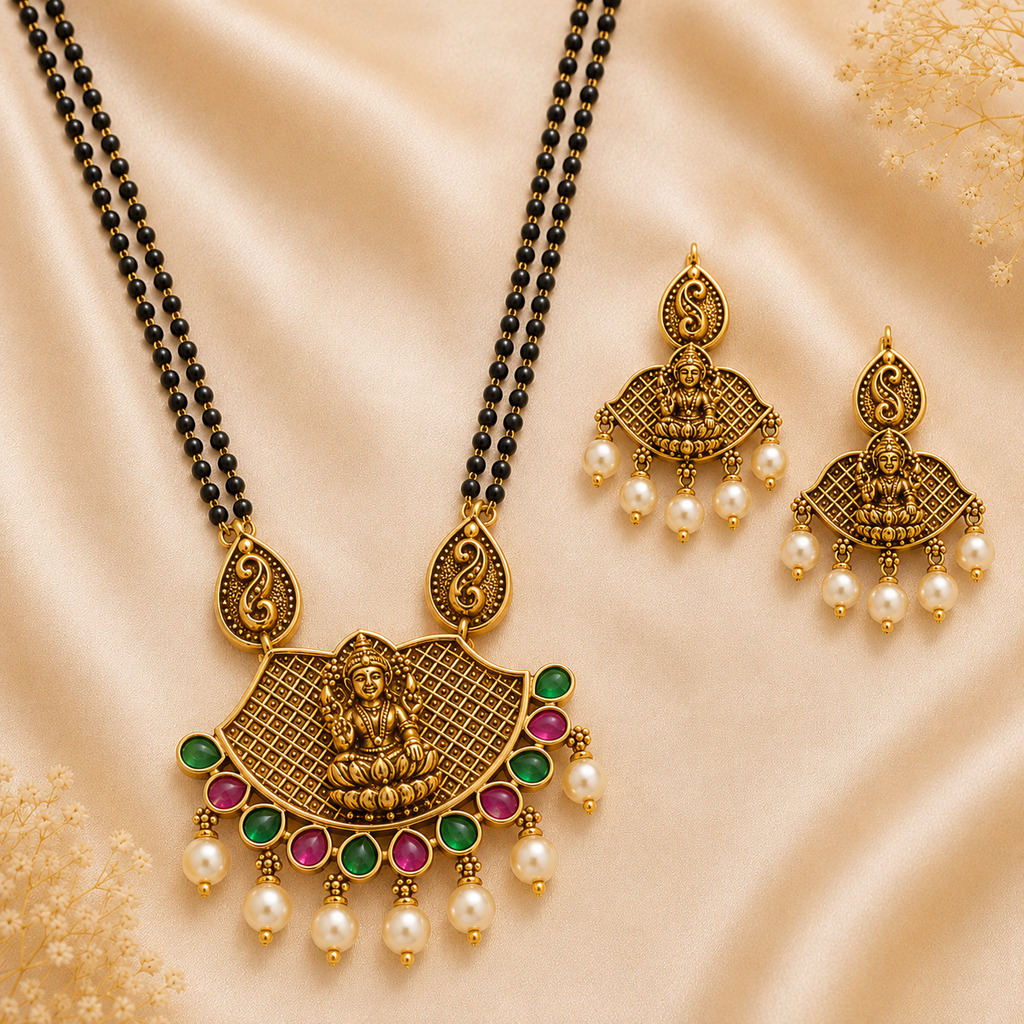 24 inch Antique Black Beads Haram with Lakshmi Pendant