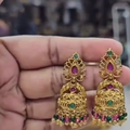 Gold Plated Multicolor Temple Jhumka Earrings for Women | Traditional Pink & Green Stone Jhumkas