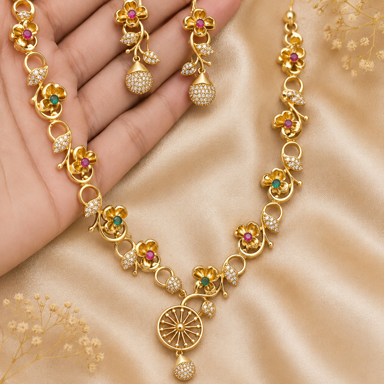 Gold Plated Peacock Design Necklace Set with Earrings | Multicolor Stone Traditional Jewellery
