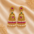 Gold Plated Pink & Green Stone Jhumka Earrings with Pearl Drops
