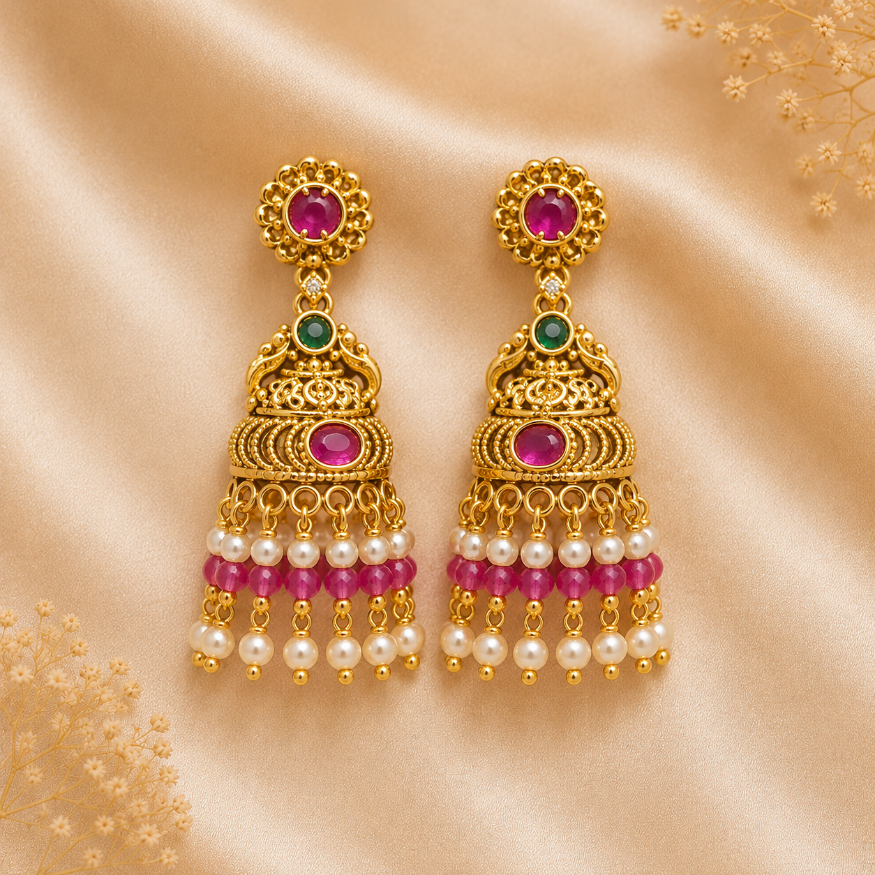 Gold Plated Pink & Green Stone Jhumka Earrings with Pearl Drops