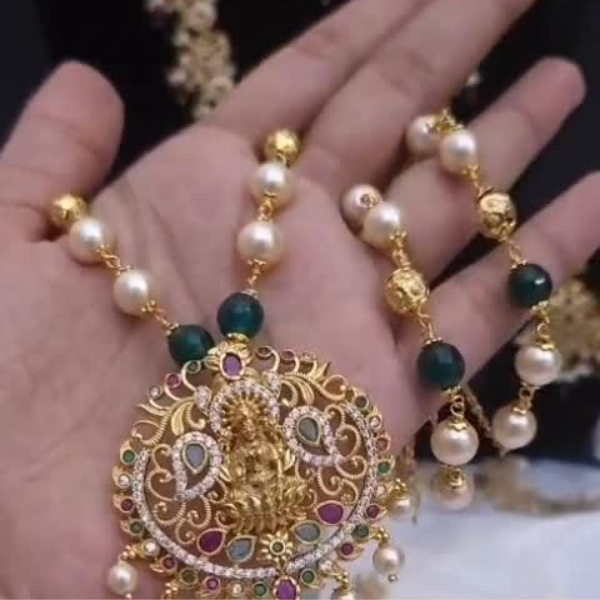 Lakshmi Temple Pendant Necklace for Women | Gold Plated Pearl & Green Bead Haram