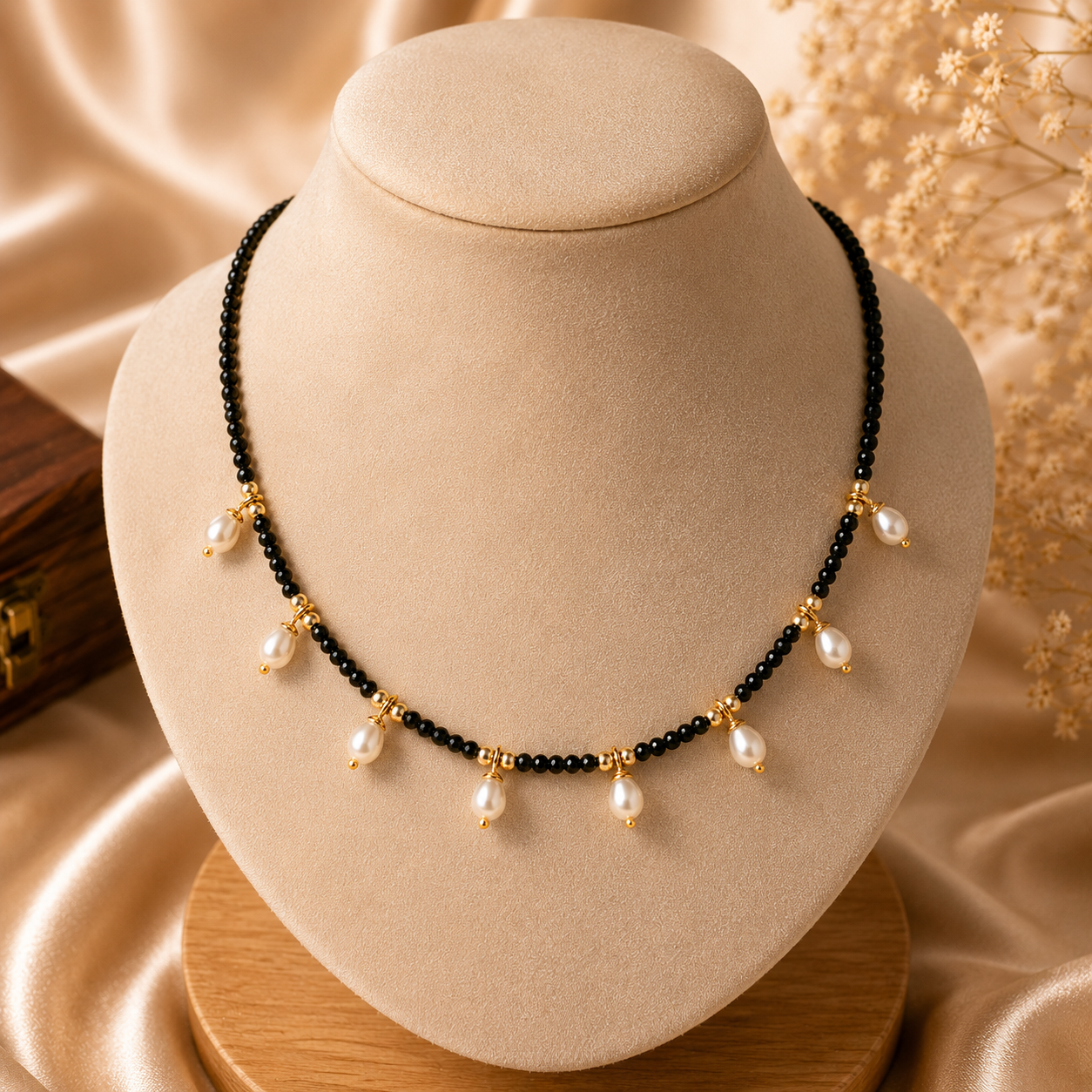Minimal Black Beads Pearl Drop Necklace for Women | Elegant Daily Wear Mangalsutra Style Chain
