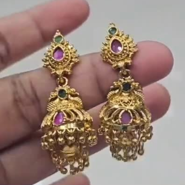 Gold Plated Antique Jhumka Earrings with Pink & Green Stones