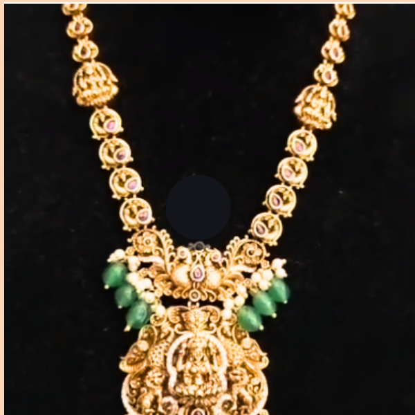 Antique Lakshmi Temple Necklace for Women | Gold Plated Traditional Haram with Green Beads