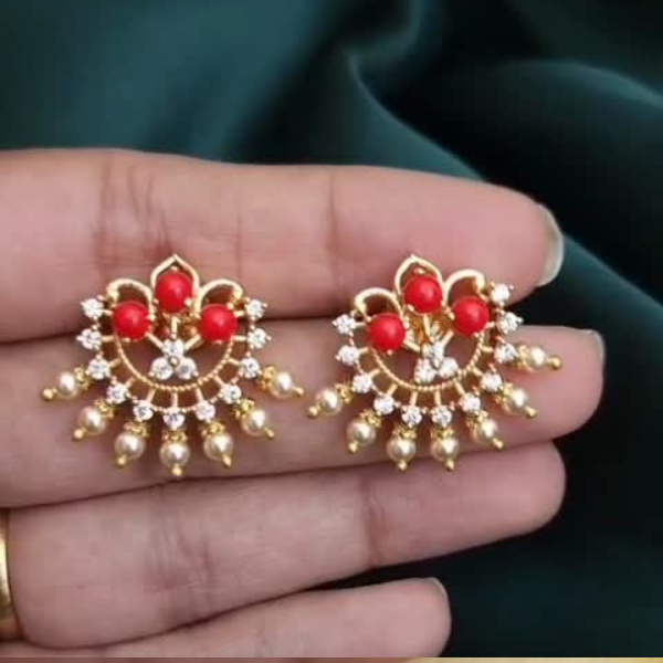 Gold Plated Red Bead Chandbali Earrings for Women | Traditional Pearl Drop Stud Earrings