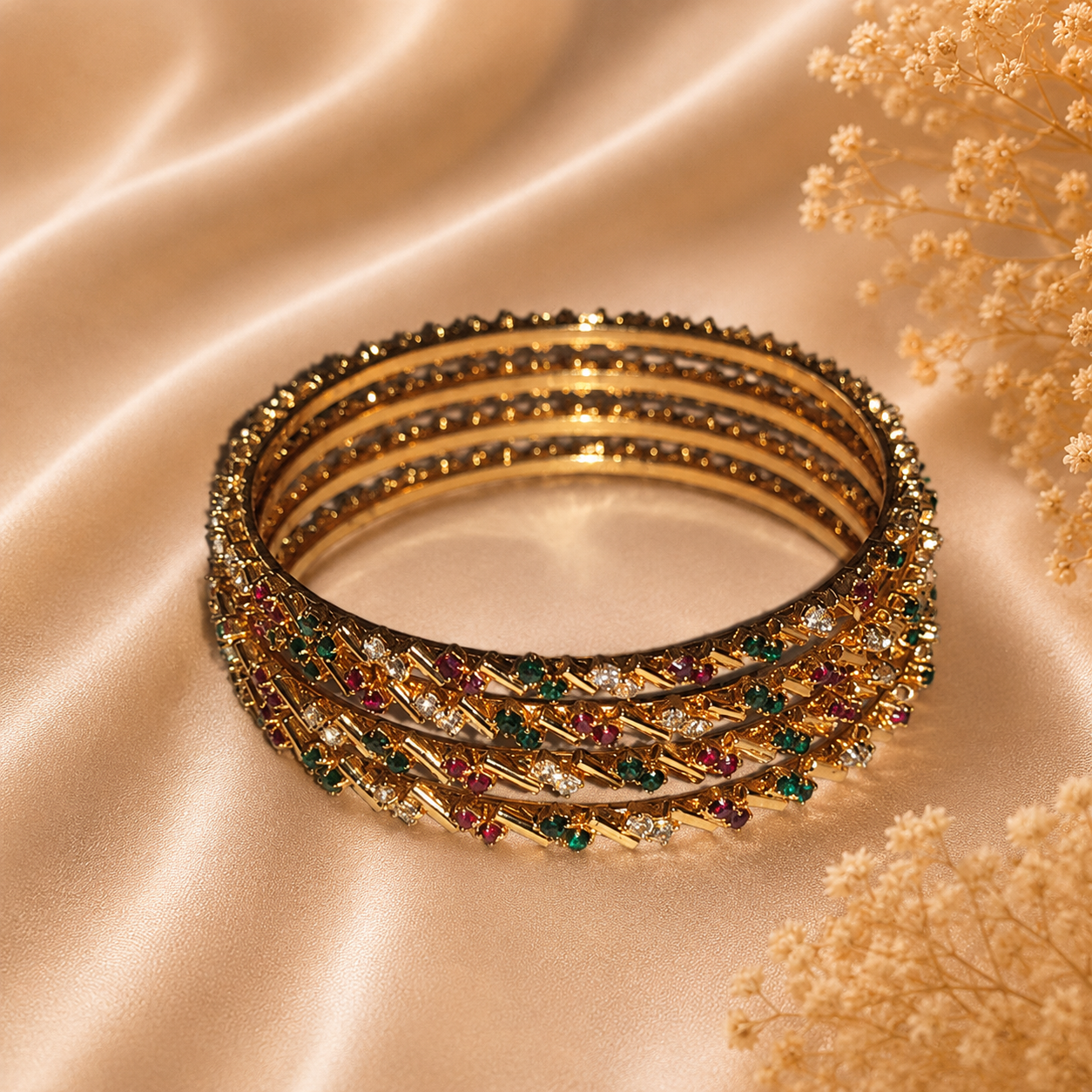 Multicolor Stone Studded Gold Finish Bangles Set for Women