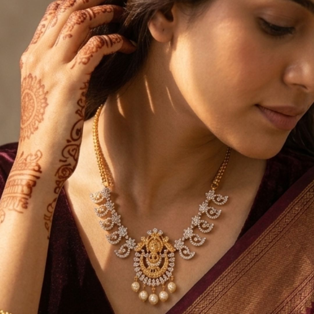 Traditional Lakshmi Short Necklace for Women | Gold-Plated Temple Jewellery with CZ Stones | South Indian Bridal & Festive Necklace | Urban Sparkles