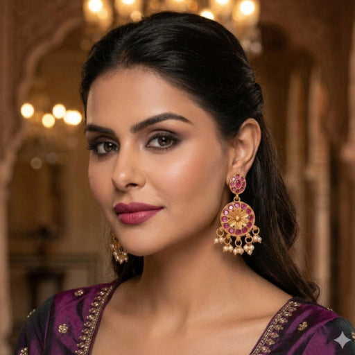 Woman wearing ornate earrings with a blurred background