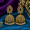 Green Stone Zircon Studded Pearl Jhumka Earrings for Women
