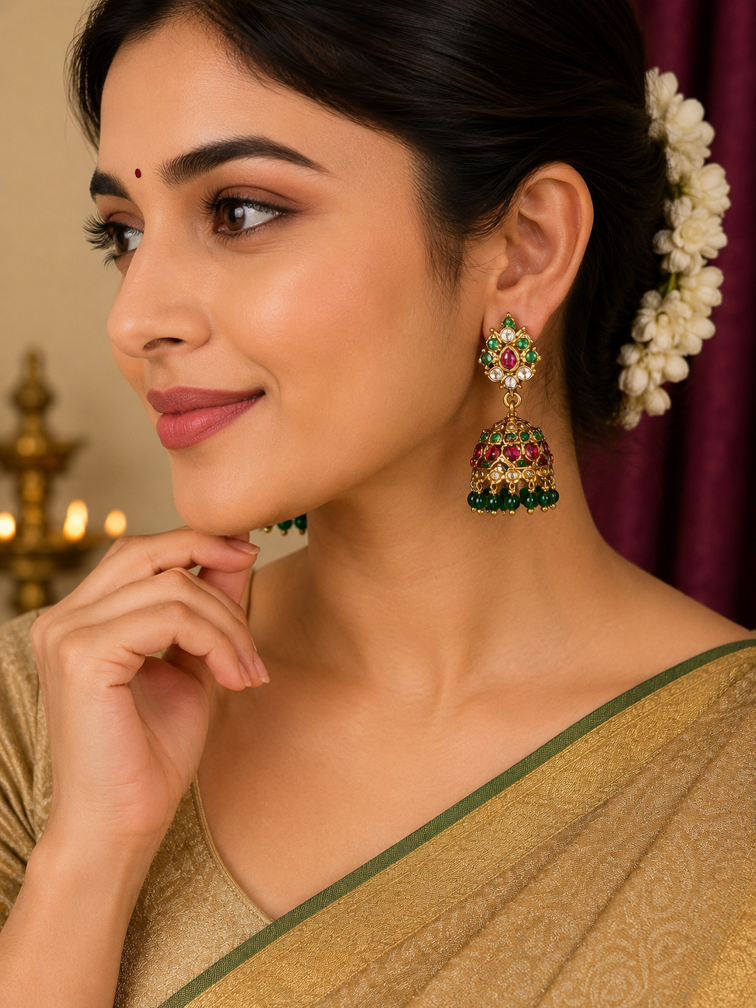 Kundan Jhumka Earrings with Emerald & Ruby Stones