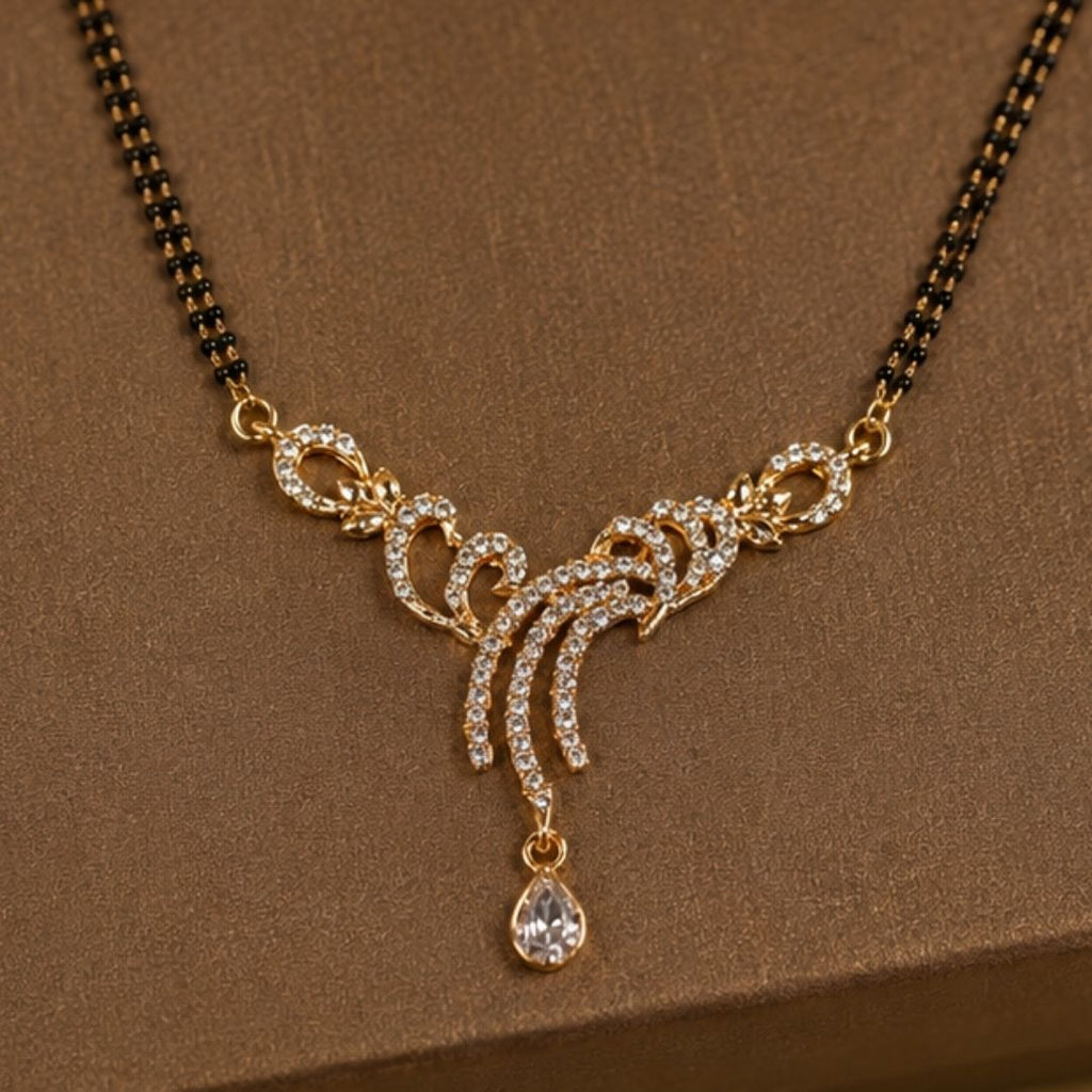 Elegant American Diamond Mangalsutra for Women | Gold-Plated Double Black Bead Chain with Teardrop Pendant