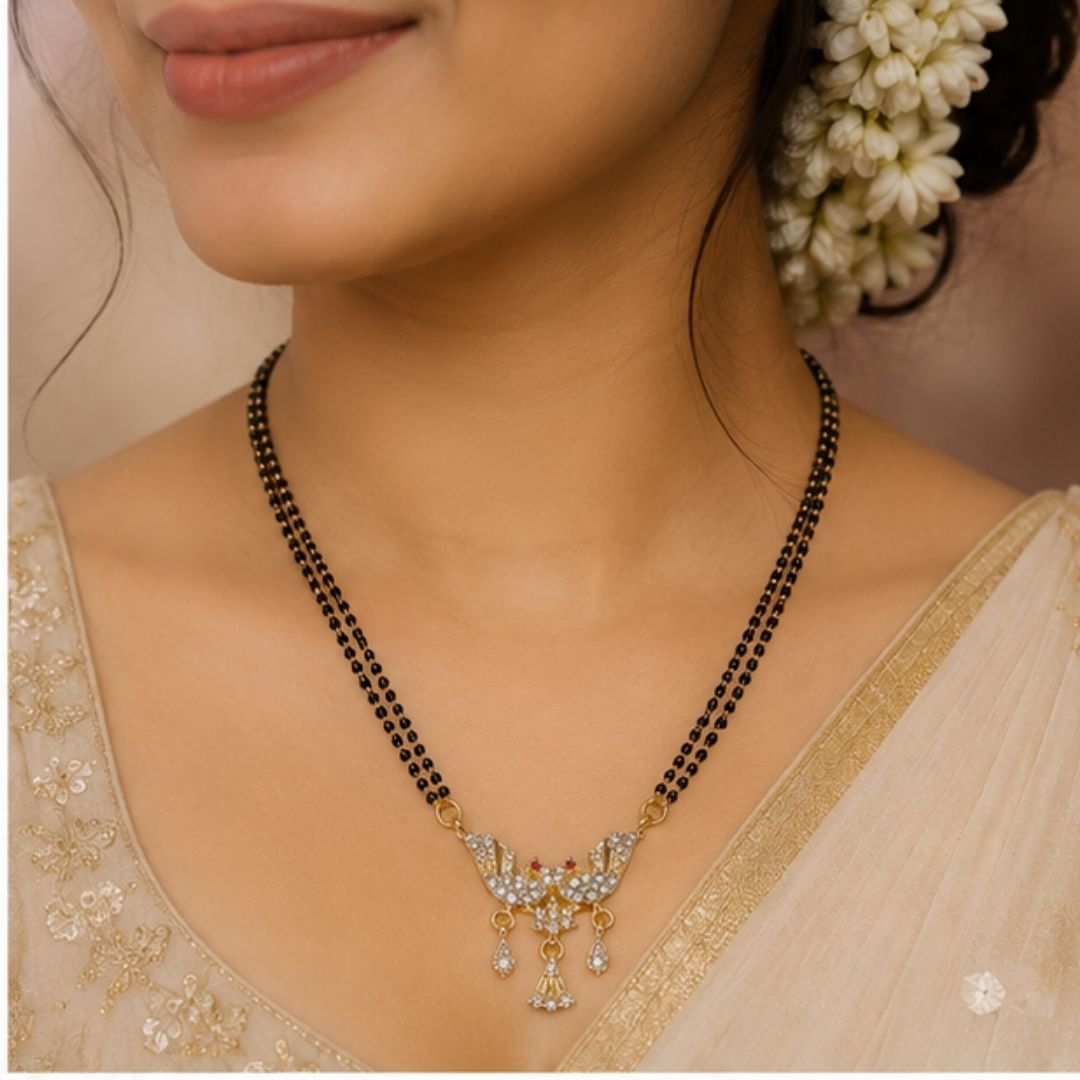 Elegant Peacock Mangalsutra for Women | Gold-Plated Double Black Bead Chain | Traditional CZ Pendant Necklace
