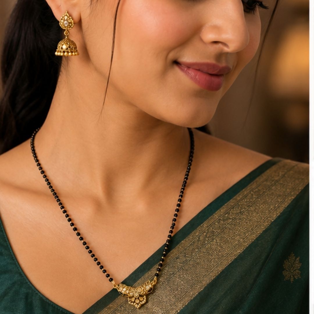 Elegant Gold-Plated Floral Mangalsutra Necklace with CZ Stones | Traditional Black Beads Mangalsutra for Women