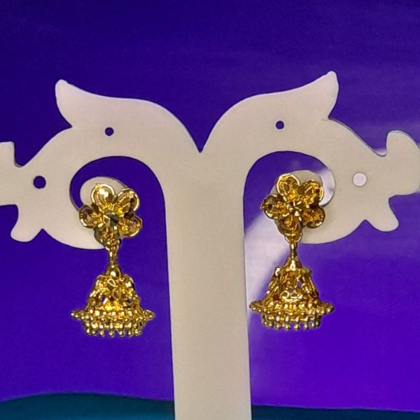 Gold Floral Jhumka Earrings with bell-shaped dome and gold bead drops by Urban Sparkles