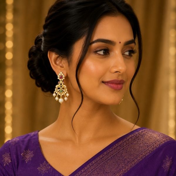 Gold Chandbali Earrings with Emerald Green Crystal Drops