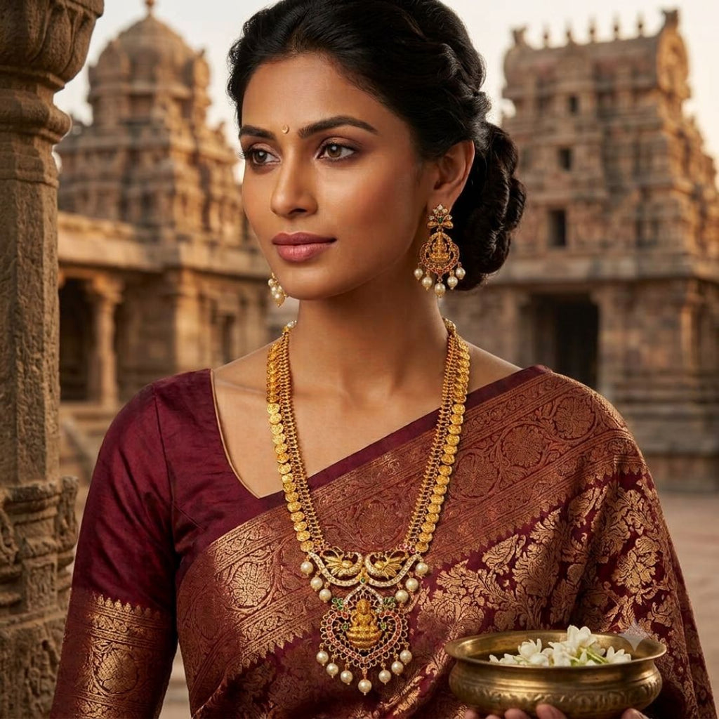 Traditional Lakshmi Long Haram Necklace Set for Women | Urban Sparkles