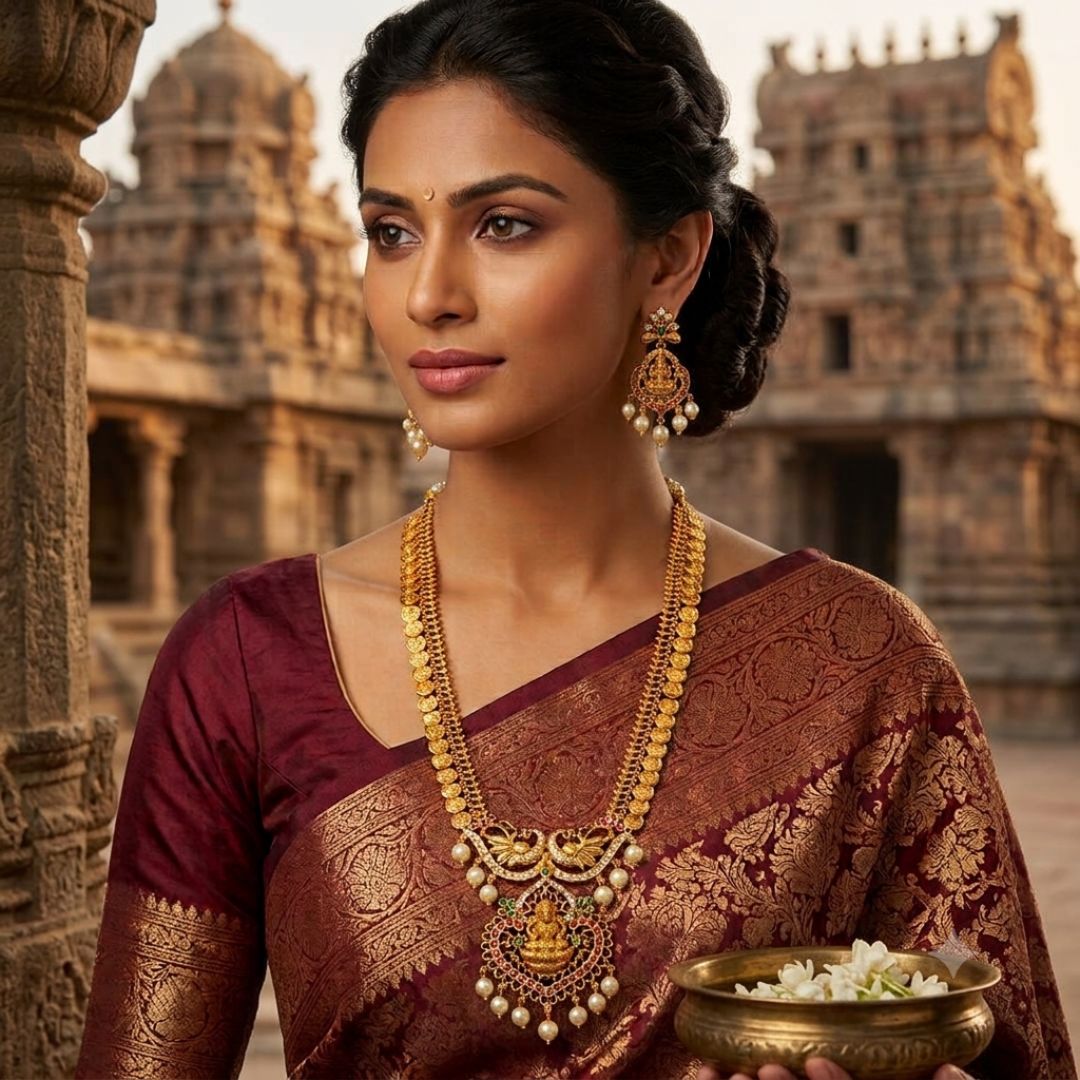 Traditional Lakshmi Long Haram Necklace Set for Women | Urban Sparkles