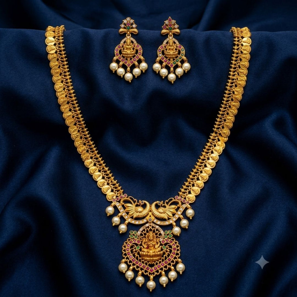 Traditional Lakshmi Long Haram Necklace Set for Women | Urban Sparkles