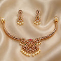 Gold-Plated Traditional CZ Stone & Pearl Choker Necklace Set for Women | Bridal Wedding Party Wear Jewelry with Matching Earrings