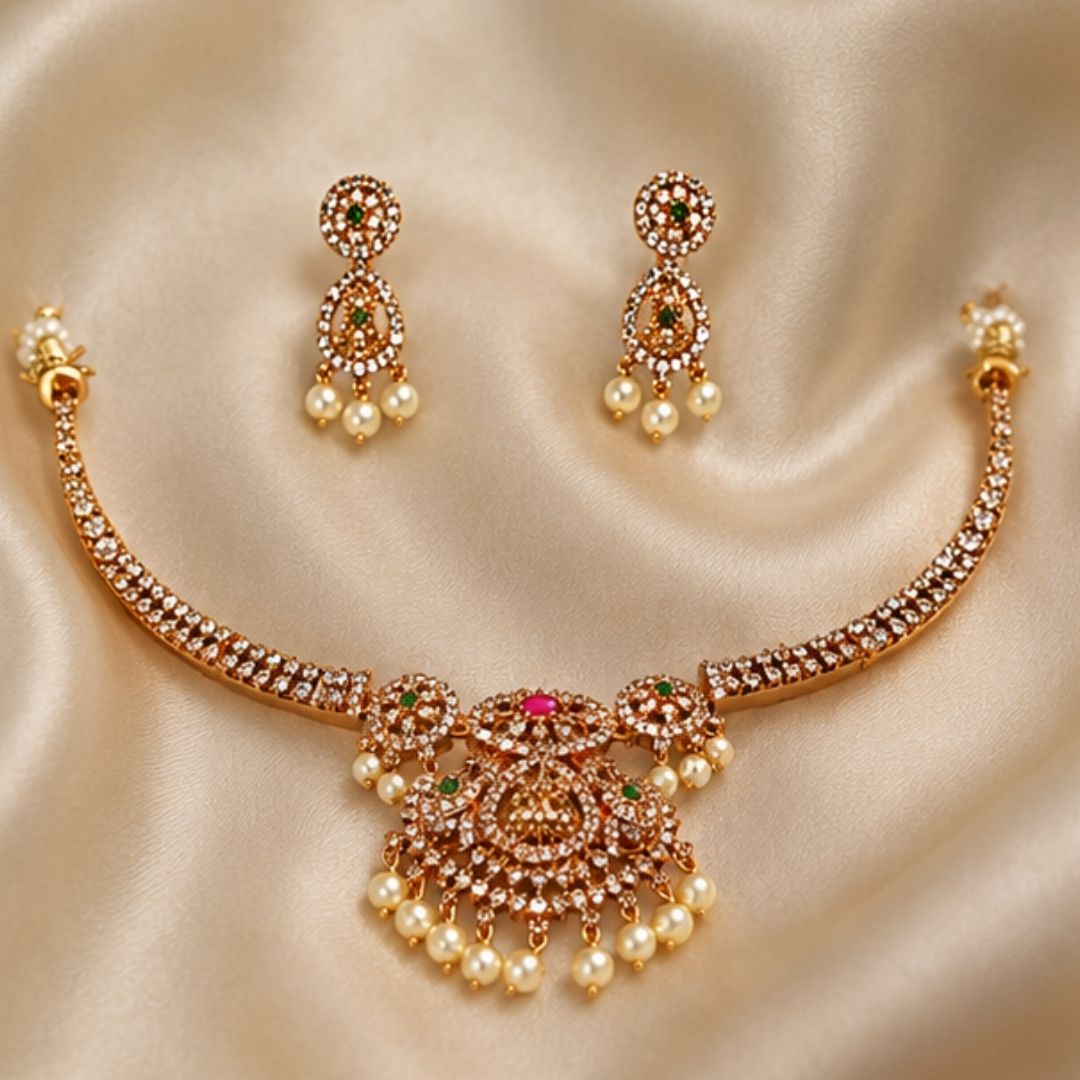 Gold-Plated Traditional CZ Stone & Pearl Choker Necklace Set for Women | Bridal Wedding Party Wear Jewelry with Matching Earrings