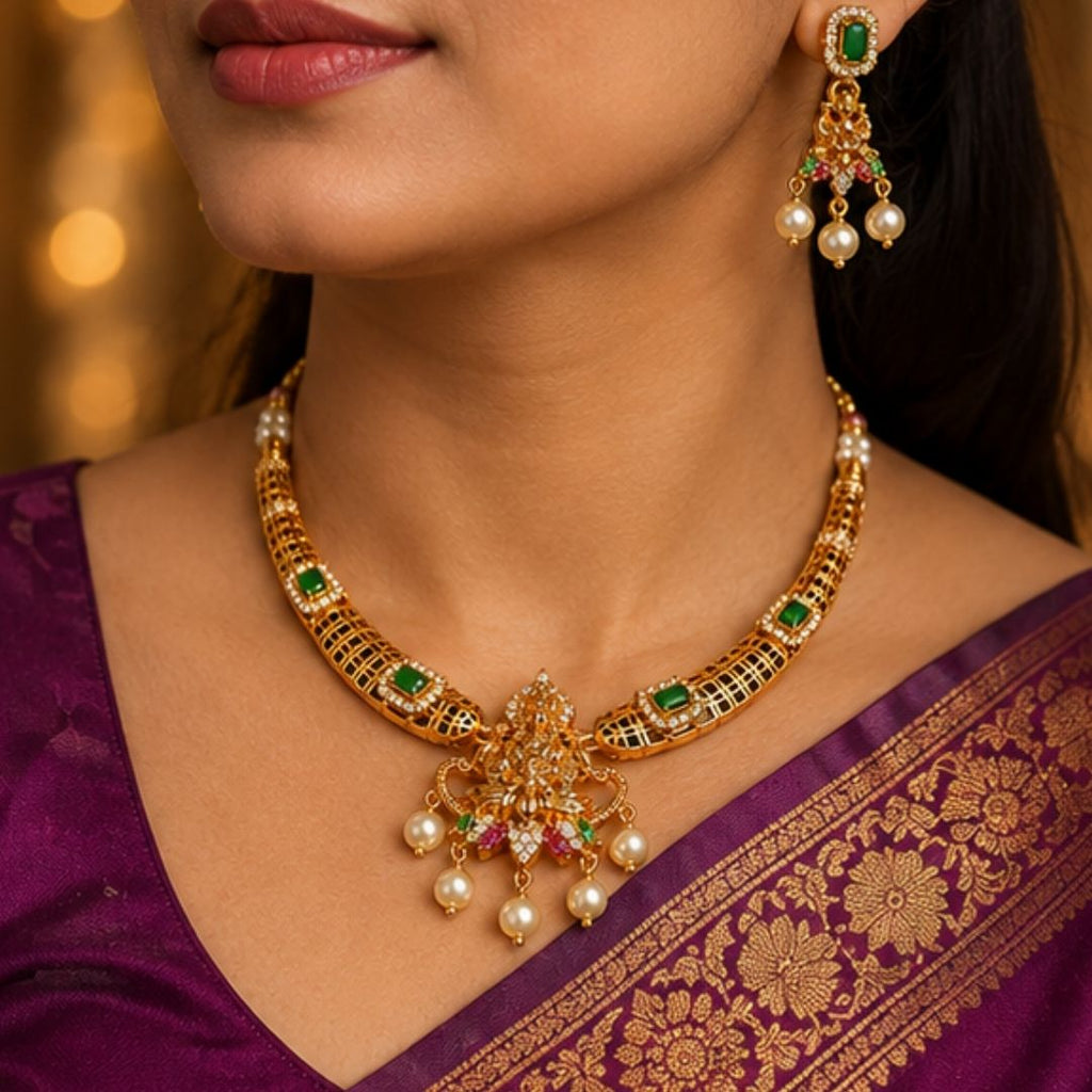 Urban Sparkles Premium Emerald Green Temple Necklace Set with Pearl Drop Earrings | Traditional Gold-Plated Bridal Jewellery for Women