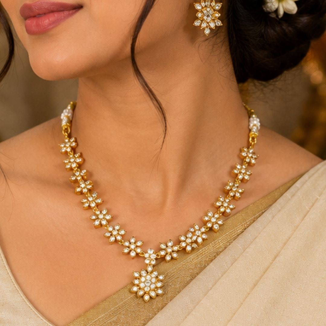 Elegant Floral American Diamond Necklace Set for Women | Gold-Plated CZ Bridal & Party Wear Necklace with Matching Earrings