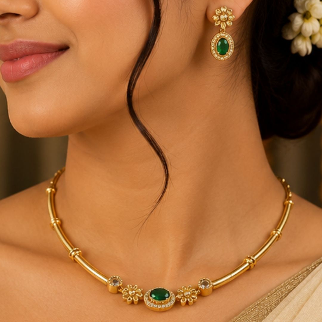 Elegant Emerald Green Stone Gold-Plated Choker Necklace Set with Matching Earrings | Traditional Party & Wedding Jewellery for Women