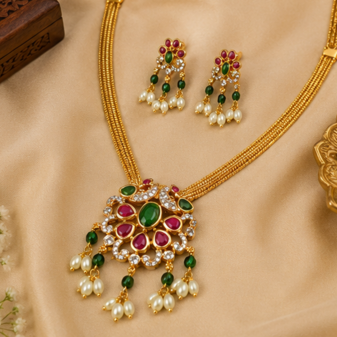 Traditional Gold-Plated Kundan Pendant Necklace Set with Green & Ruby Stones, Pearl Drops & Matching Earrings | Ethnic Jewellery for Women