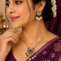 Traditional Gold-Plated CZ Necklace Set with Green & Ruby Stones | Pearl Drop Pendant & Earrings | Ethnic Jewellery for Women