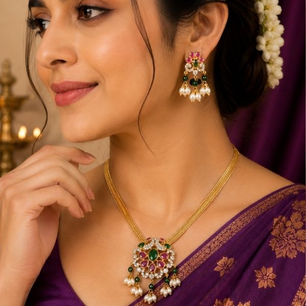 Traditional Gold-Plated CZ Necklace Set with Green & Ruby Stones | Pearl Drop Pendant & Earrings | Ethnic Jewellery for Women