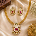 Traditional Ruby Floral Pendant Necklace Set with Matching Earrings | Gold-Plated Ethnic Jewelry for Women