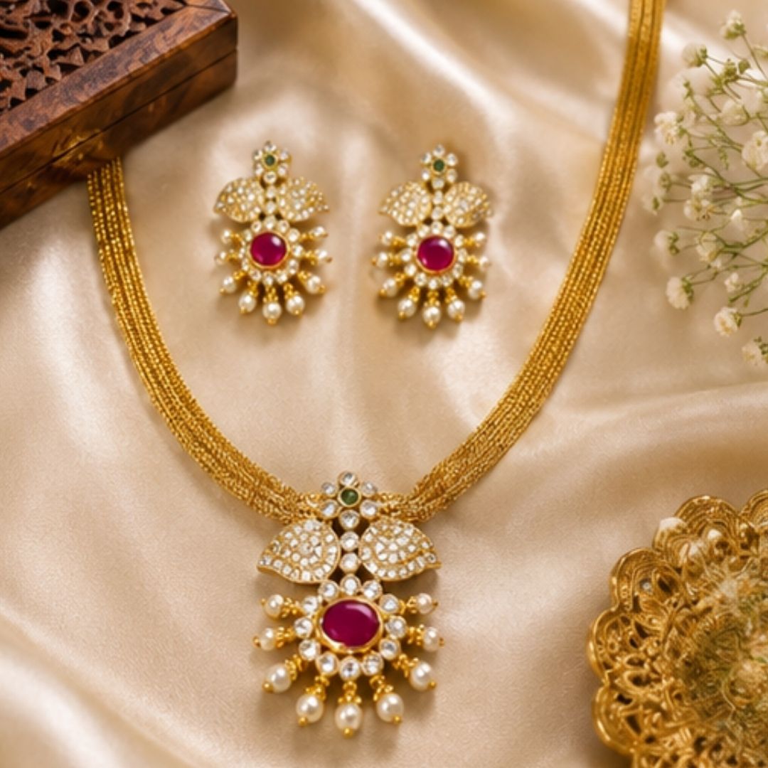Traditional Ruby Floral Pendant Necklace Set with Matching Earrings | Gold-Plated Ethnic Jewelry for Women