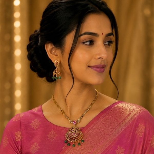 Gold Antique Filigree Pendant Necklace & Jhumka Earring Set