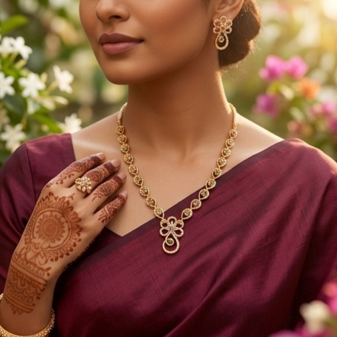 Elegant Floral CZ Stone Gold-Plated Necklace Set with Matching Earrings | Premium Traditional Jewellery for Women