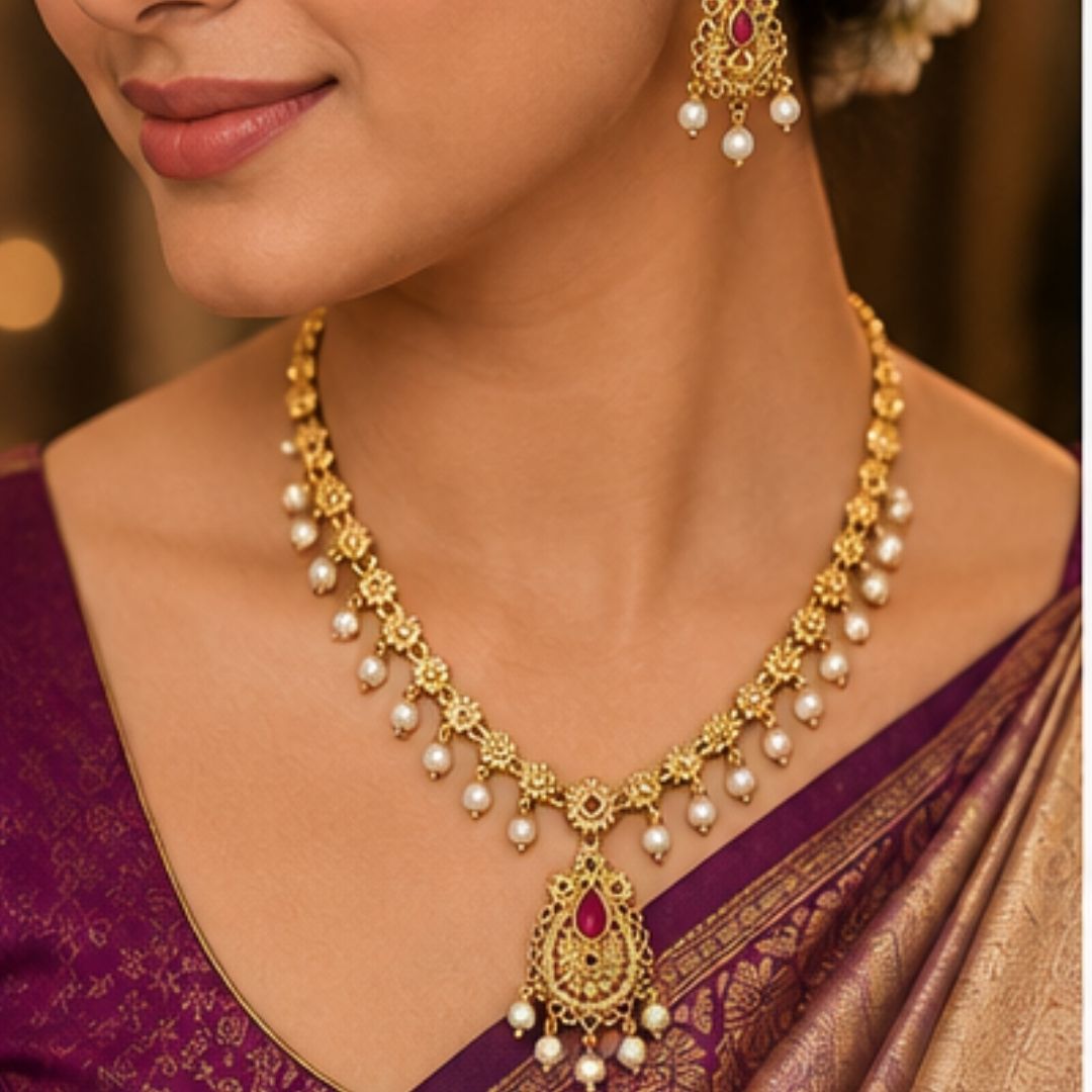 Traditional Floral Pearl Drop Necklace Set | Gold-Plated Temple Necklace with Ruby Stone & Matching Earrings for Women