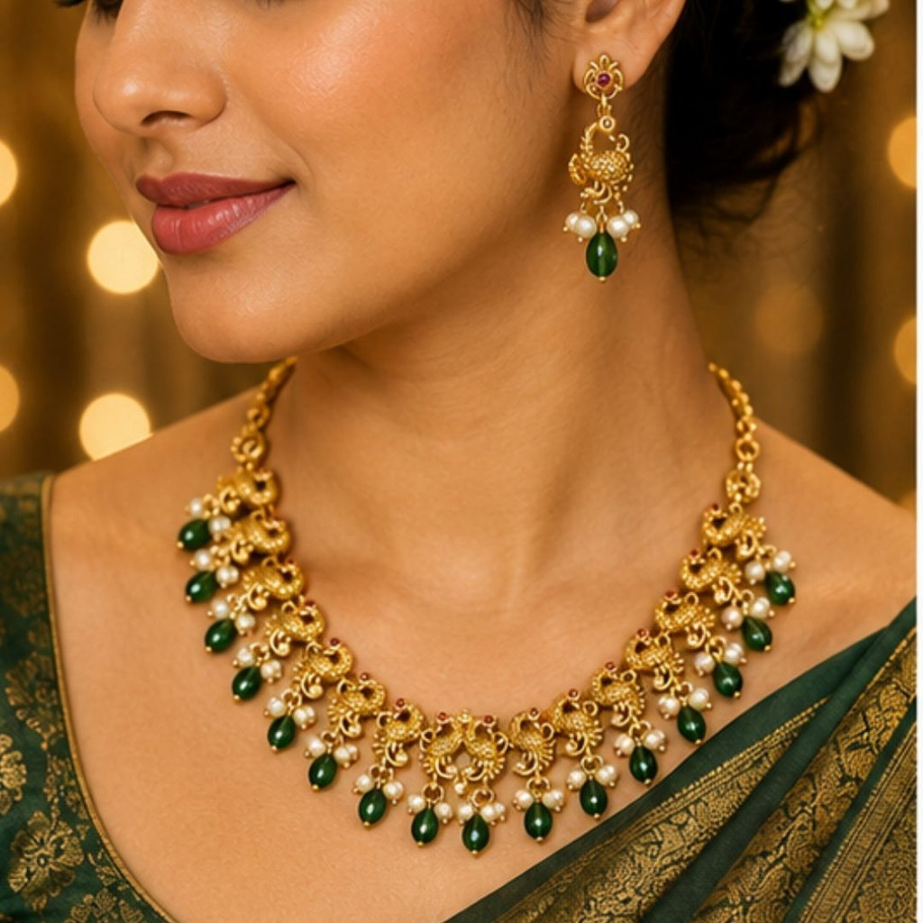 Traditional Peacock Temple Necklace Set | Gold-Plated Green Bead & Pearl Drop Necklace with Matching Earrings for Women