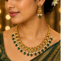 Traditional Peacock Temple Necklace Set | Gold-Plated Green Bead & Pearl Drop Necklace with Matching Earrings for Women