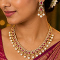 Traditional Ruby Pearl Drop Necklace Set | Gold-Plated AD Bridal Necklace with Matching Earrings for Women
