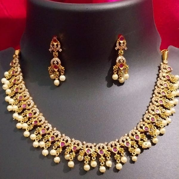 Gold Kundan Necklace & Earrings Set with Pearl Drops