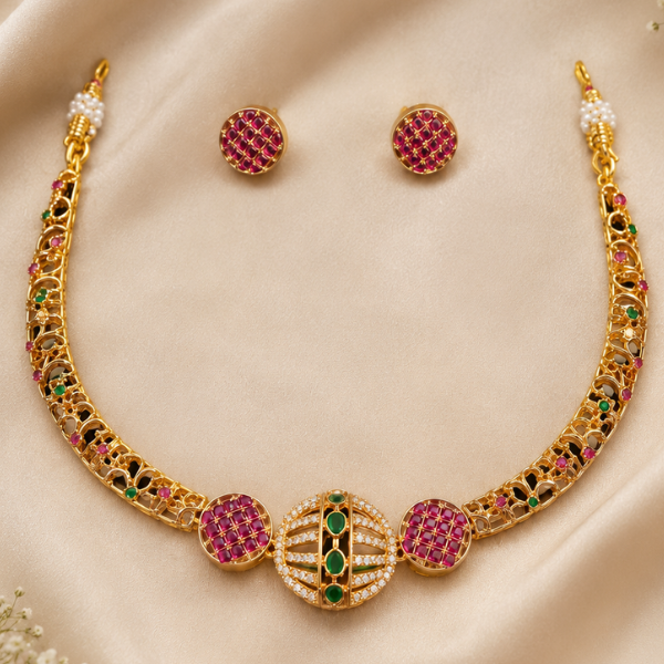 Gold Ruby & Emerald Choker Necklace Set with Matching Earrings-US-NE-0005