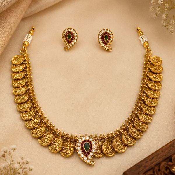 Antique Lakshmi Coin Necklace Set with Paisley Pendant & Matching Stud Earrings-US-NE-0006