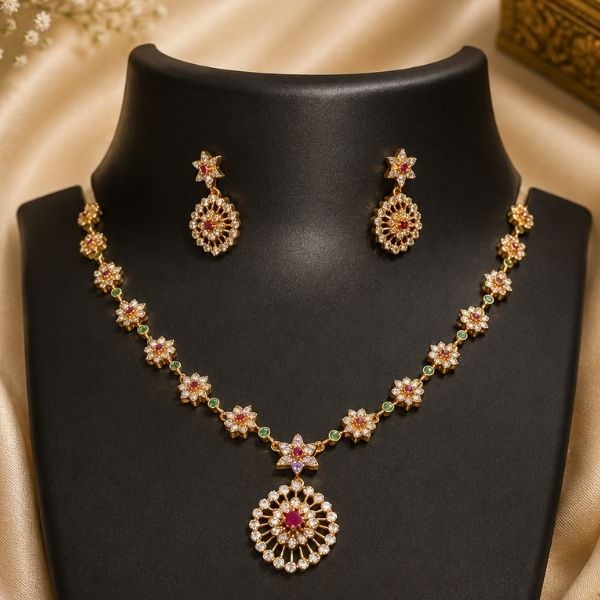 Floral Zircon Stone Necklace Set with Matching Earrings US-NE-0007
