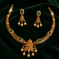 Emerald Stone Lakshmi Temple Necklace Set with Pearl Drops – Premium Gold-Plated Jewelry