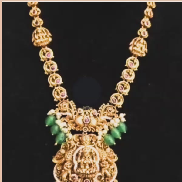 Antique Lakshmi Temple Necklace for Women | Gold Plated Traditional Haram with Green Beads