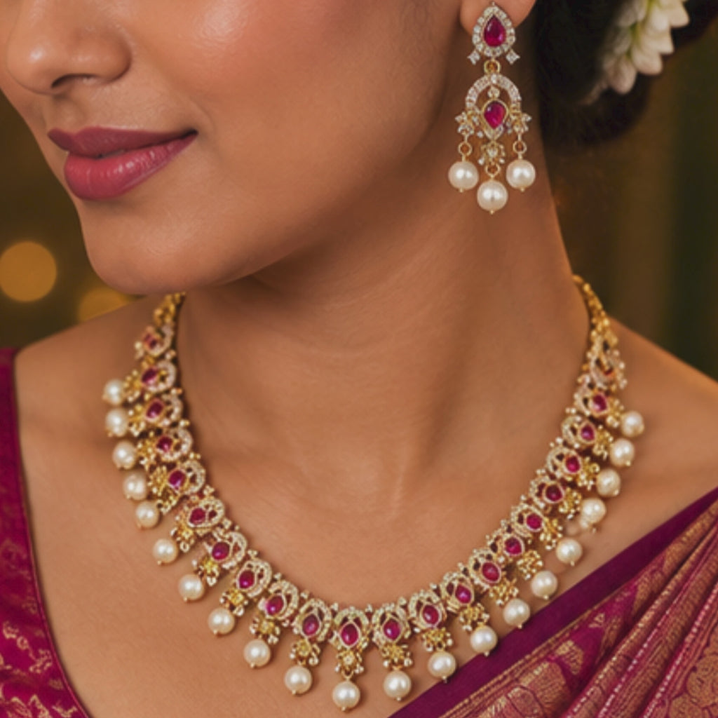 Traditional Ruby Pearl Drop Necklace Set | Gold-Plated AD Bridal Necklace with Matching Earrings for Women