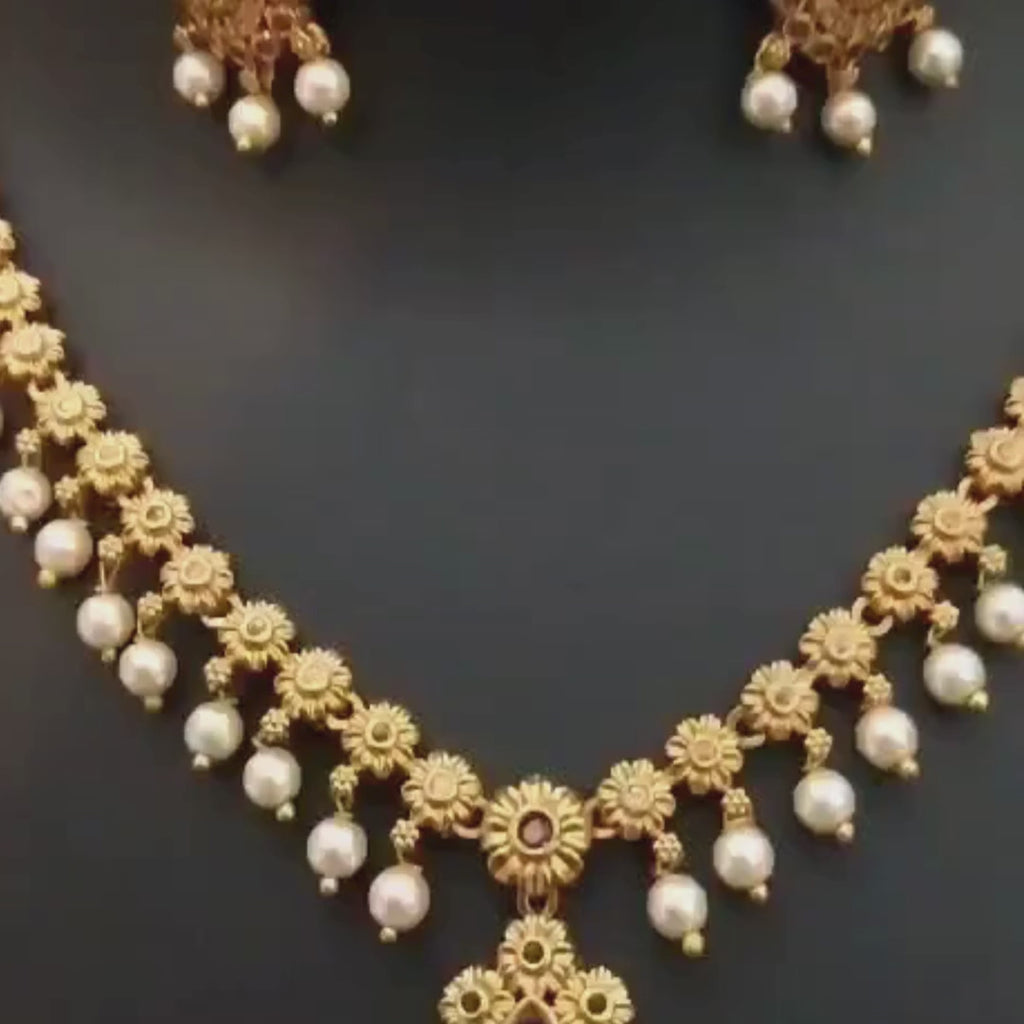 Traditional Floral Pearl Drop Necklace Set | Gold-Plated Temple Necklace with Ruby Stone & Matching Earrings for Women